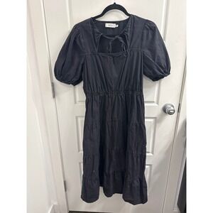 Greylin Anthropologie Black Cotton Tiered Midi Dress Puff Sleeve Tie Front Large